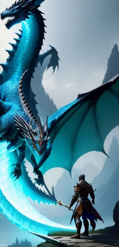 Knight faces a towering blue dragon on a cliff in an epic fantasy setting.