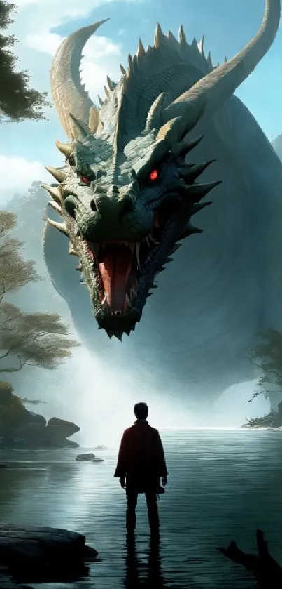 Epic dragon encounter by a serene river, blending fantasy and nature elements.