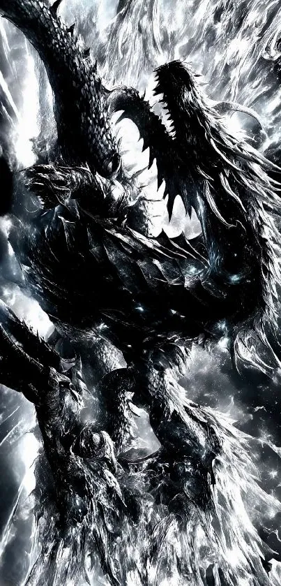 Epic black dragon in icy fantasy art wallpaper.