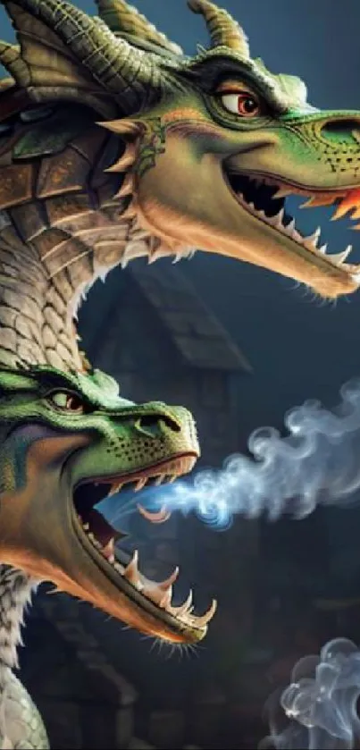 Two-headed dragon breathing fire in fantasy art.