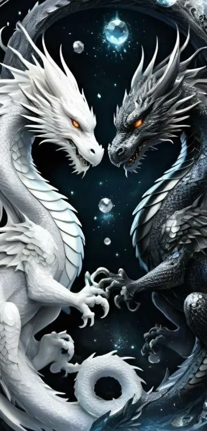 Black and white dragons entwined in space, creating a mystical fantasy scene.