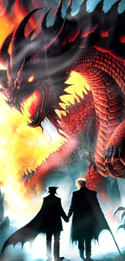 Epic dragon fantasy wallpaper with fire-breathing creature and mysterious figures.