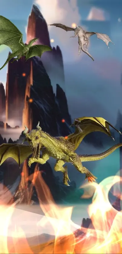 Majestic dragons flying over fiery landscapes.