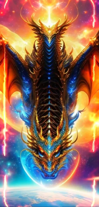 Epic dragon fantasy art with cosmic backdrop.