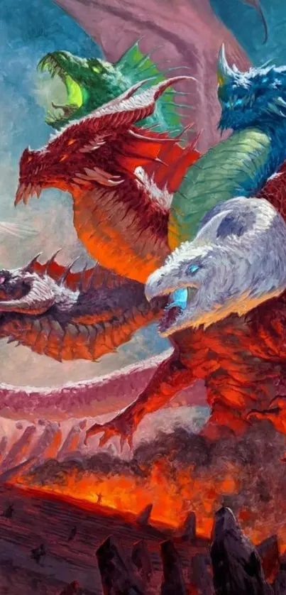 Epic five-headed dragon fantasy art wallpaper with vibrant colors.