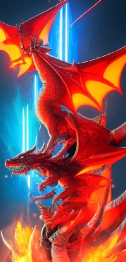 Epic fantasy dragon soaring in vibrant red and orange hues.