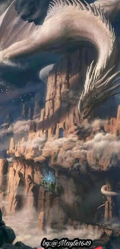 Majestic dragon soaring over mystical cliffs in dark fantasy art.