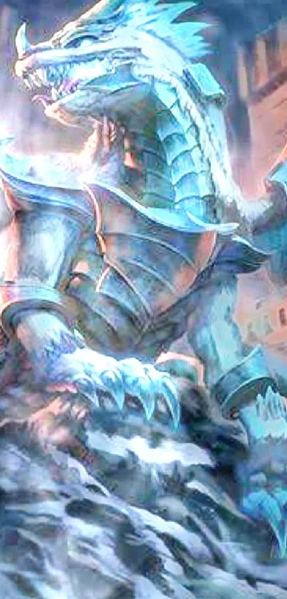 White dragon fantasy art with blue hues, sitting on rocks.