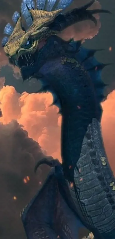 Epic dragon in a stormy fantasy scene with fiery clouds.