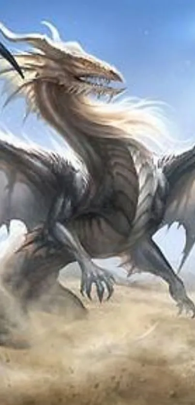 Epic dragon fantasy art in desert landscape.