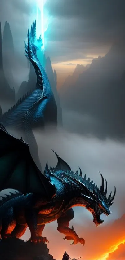 Epic blue dragon and warrior in a fiery fantasy landscape.