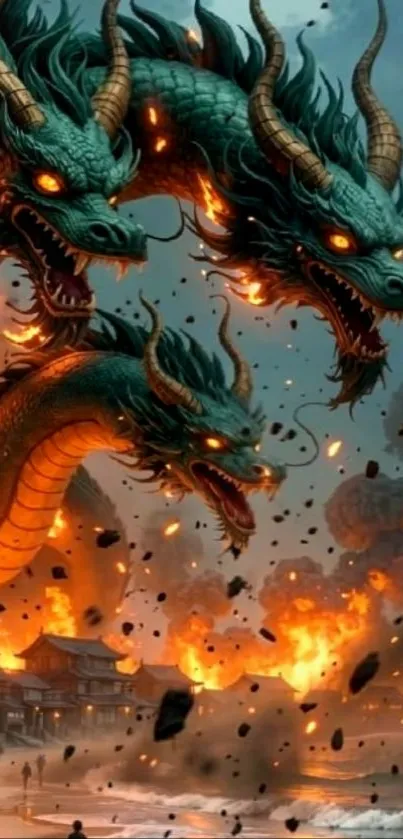Three-headed dragon in a fiery landscape.