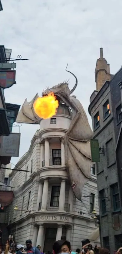 Dragon breathing fire over urban street scene.