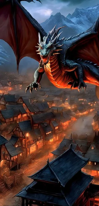 Fantasy dragon soaring over a village at night with mountains in the background.