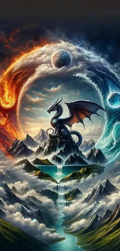 Fantasy dragon perched on a mountain surrounded by elemental forces of fire and water.