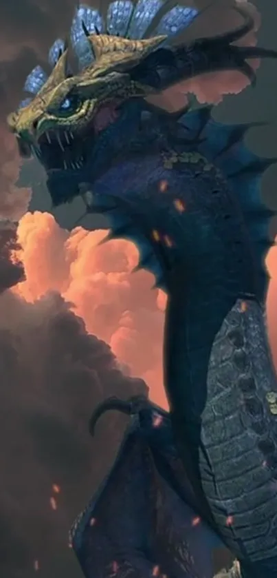 Majestic dragon amidst dramatic storm clouds.