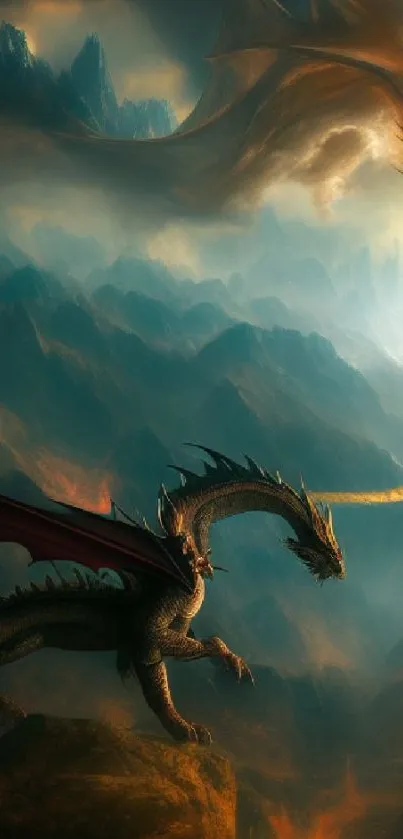 Epic fantasy wallpaper with majestic dragons in a mystical landscape.