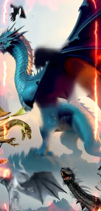 Majestic blue dragon wallpaper with fantasy landscape.