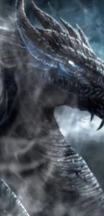 Epic dragon amidst smoke in a stormy sky.