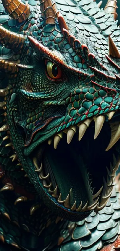 Detailed dragon with fierce expression, vivid colors, and fantasy theme.