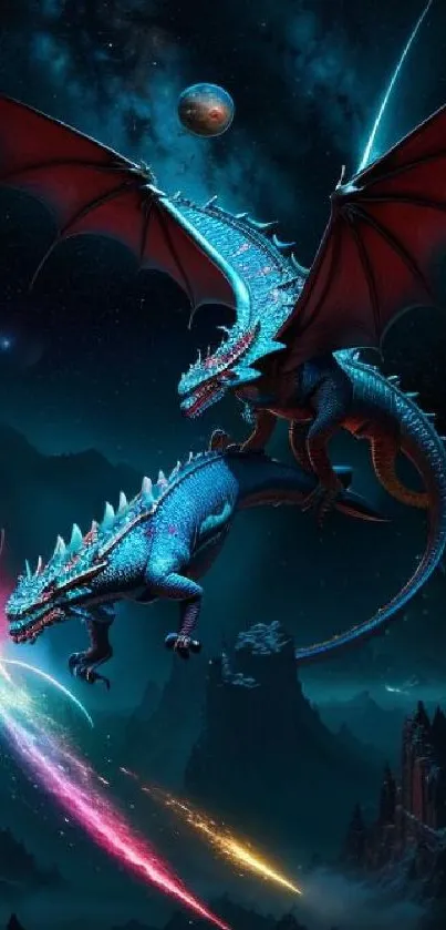 Two dragons soar in a cosmic starry sky.