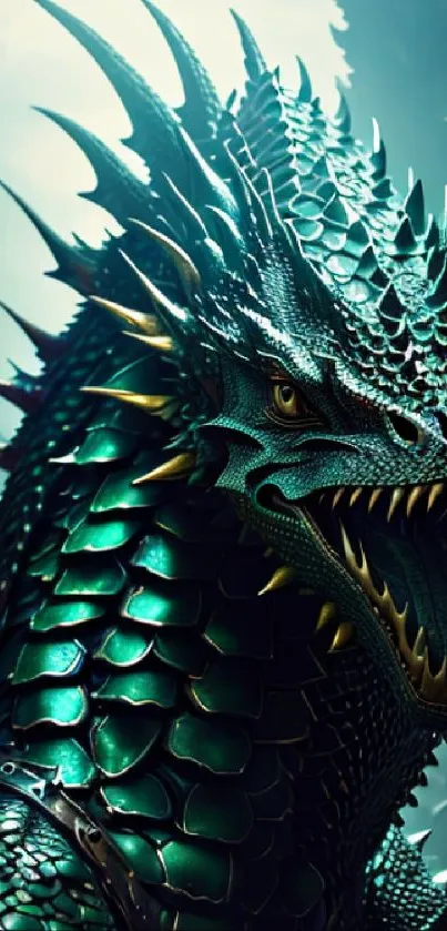 Epic teal dragon with spiked scales in a mystical setting.