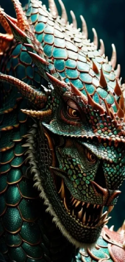 Fierce teal dragon with intricate scales in a fantasy setting.