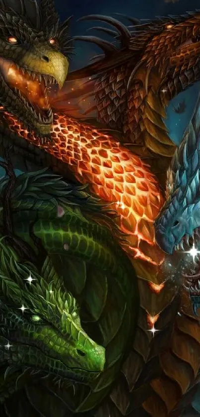 Vibrant fantasy dragons in epic artwork for mobile wallpaper.