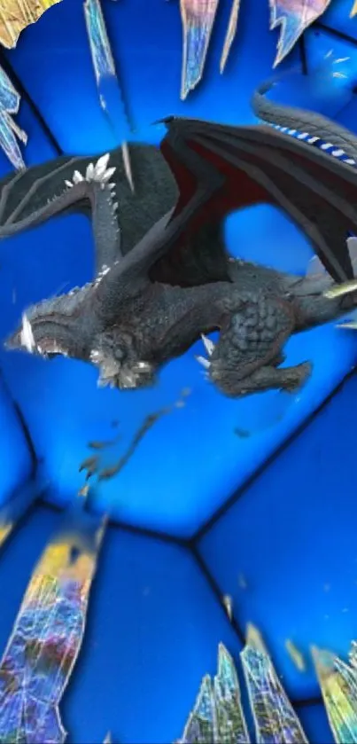 Dragon soaring through shattered blue sky wallpaper