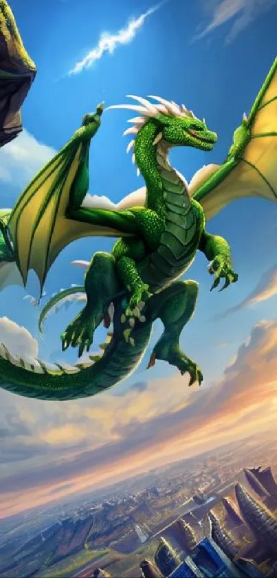 A majestic green dragon soaring in a vibrant fantasy sky.