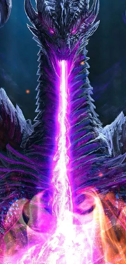 Epic dragon breathing purple fire in fantasy art.