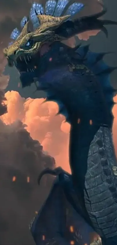 Epic dragon amidst dramatic clouds in a fantasy wallpaper.