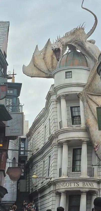 Fantasy dragon atop a magical bank building, set in a mystical urban landscape.