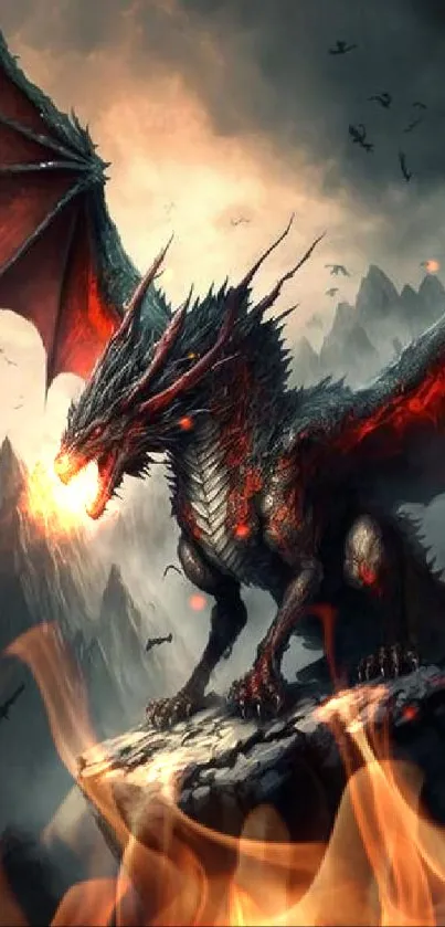 Epic dragon on rocky peak in mystical fantasy setting.