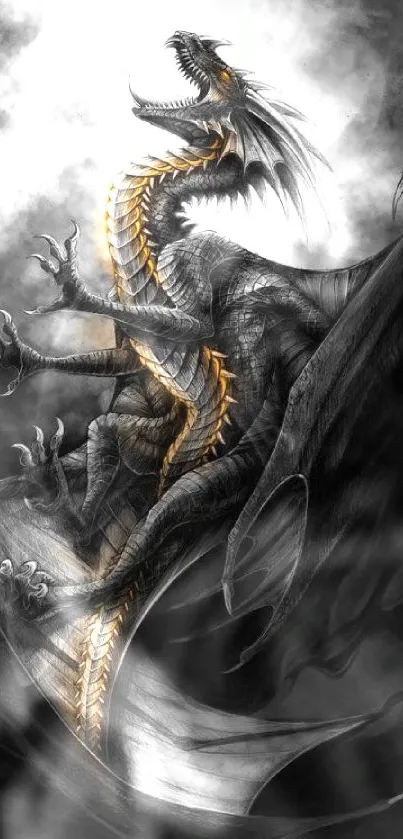 Epic fantasy dragon emerging in grayscale art.