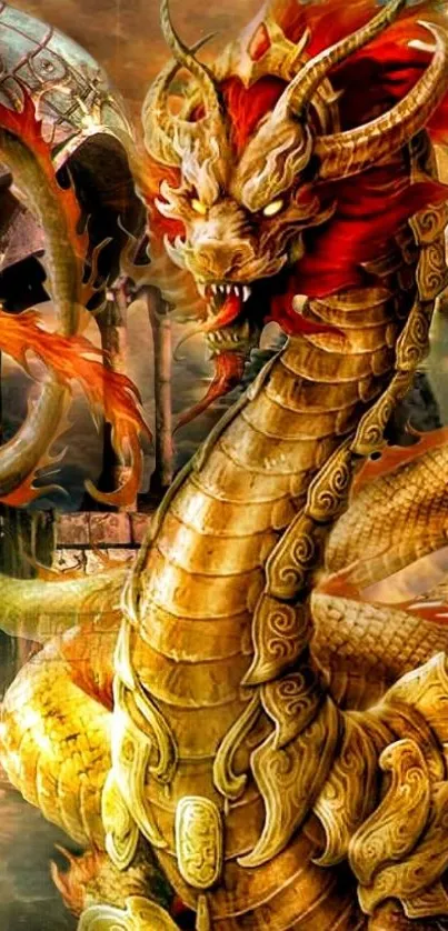 Epic golden dragon fantasy wallpaper for mobile.