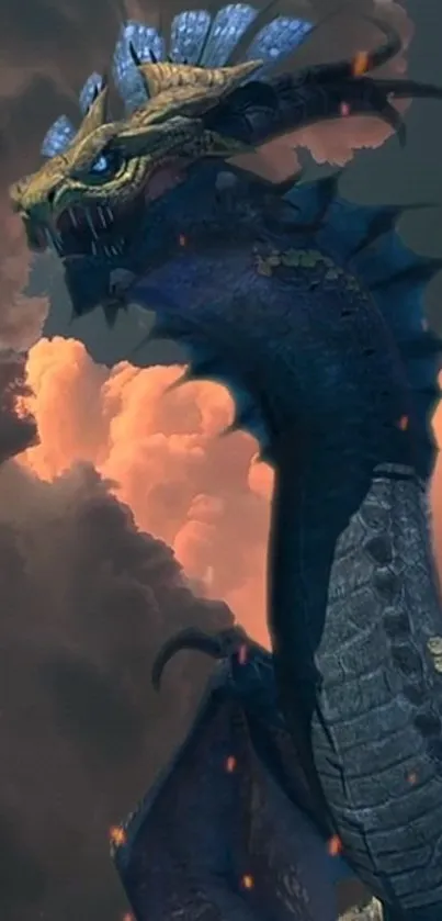 Epic dragon against dramatic cloudy sky.