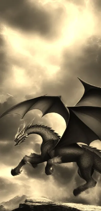 Epic dragon soaring through dramatic cloudy skies in sepia tones.