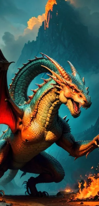 A fierce dragon with fiery wings stands against a mystical mountain backdrop.