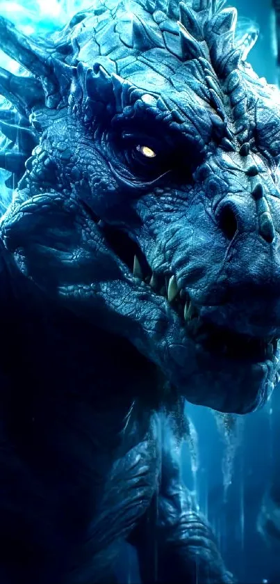 Epic blue dragon in a fantasy setting, close-up view.