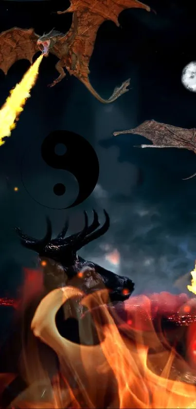 Epic fantasy wallpaper with dragons and fire.