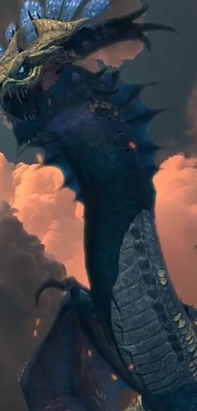 Epic dragon fantasy wallpaper with dark blue tones and fiery clouds.