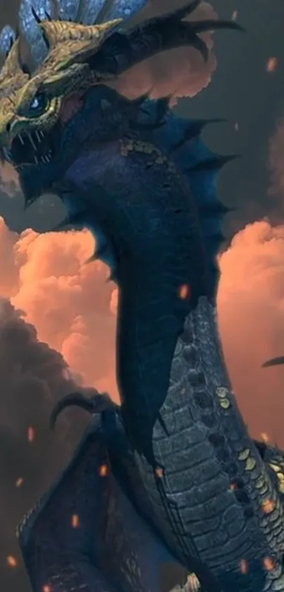 Epic dragon amid dramatic orange clouds.