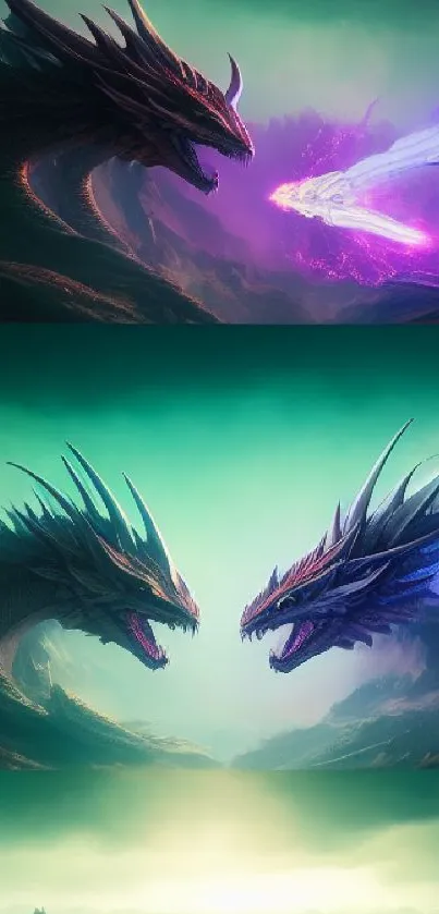 Epic dragon battle fantasy wallpaper for mobile with vibrant colors.