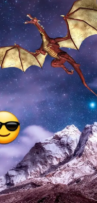 Illustrated dragon flying over starry mountains.