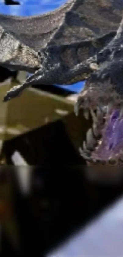 Epic dragon flies with open jaws over landscape.