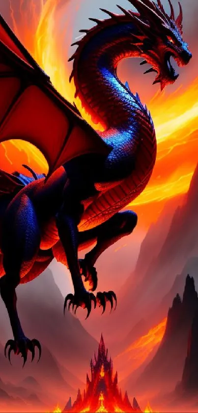 Fierce fantasy dragon with fiery backdrop.
