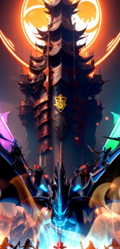 Epic dragon-themed wallpaper with mystical tower and vibrant colors.