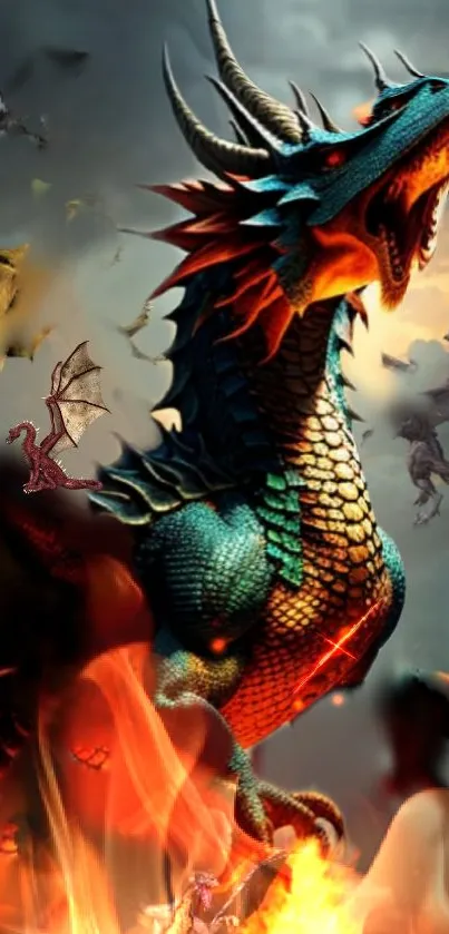 Epic dragon surrounded by flames in fantasy wallpaper.