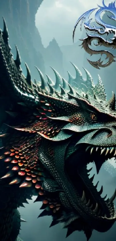 Close-up of a fierce dragon in a fantasy setting with teal scales.